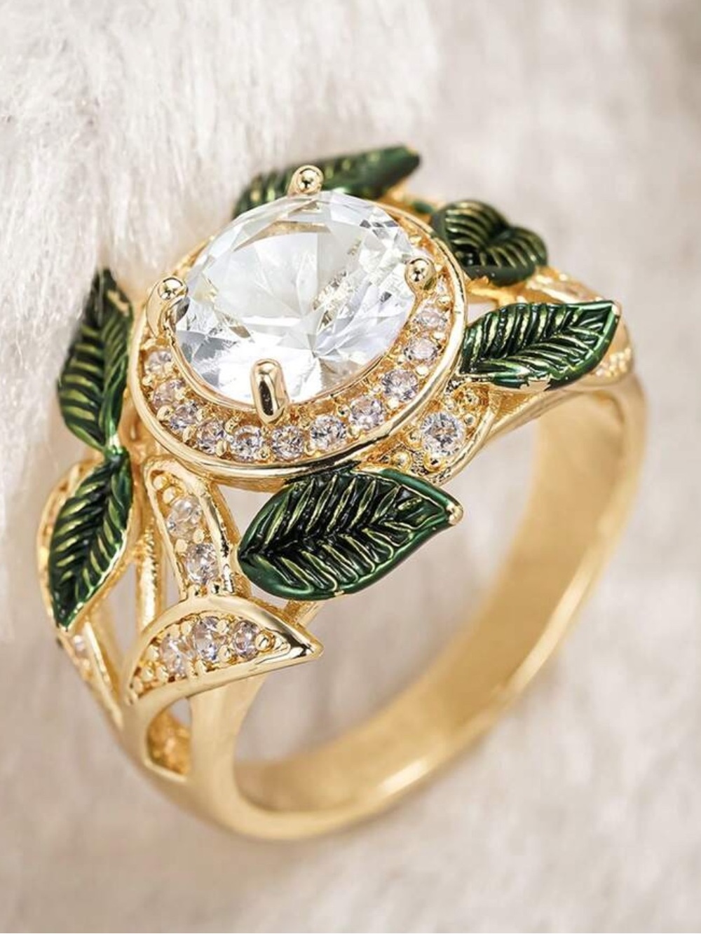 Gold Leaf Solitaire Ring with Green Enamel Accents - Picture 2 of 2